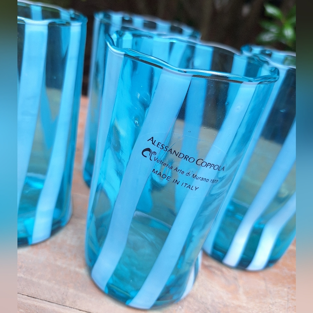 Murano Glass Cups Tumblers Drinking Glasses TEAL Gift Set 4 Made in Italy - Picture 5 of 13